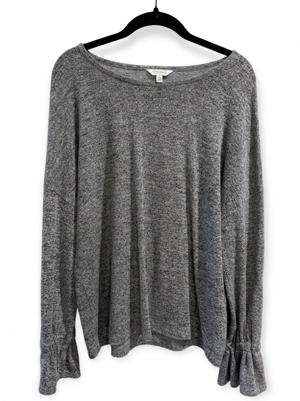 Lucky Brand Gray Marled Knit Top M Bell Ruffle Cuff Long Sleeve Boatneck Sweater